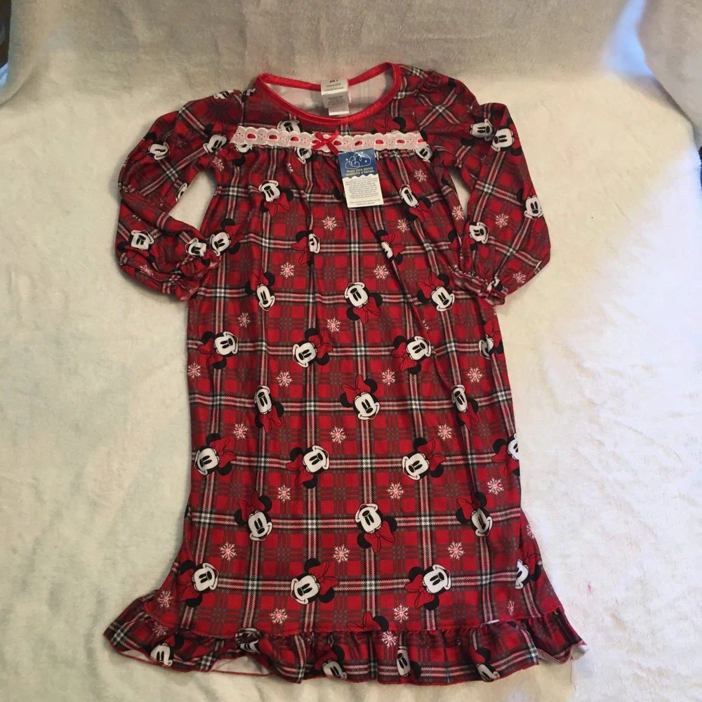 Disney Minnie Mouse Nightgown Kids Size 2T Red Plaid NWT Holiday Lace Ruffle